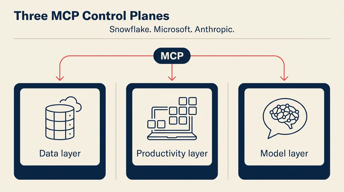 Tiga control plane MCP dari Snowflake, Microsoft, dan Anthropic yang bersaing untuk roadmap tata kelola agen CTO