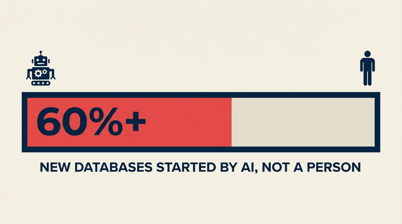 Batang yang menunjukkan lebih dari 60 persen database baru di platform kini dimulai oleh alat coding AI, bukan manusia