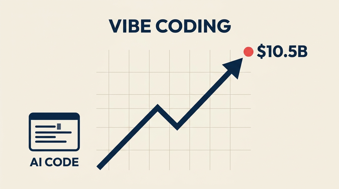 Gambar konsep alat coding AI yang memulai sebagian besar proyek perangkat lunak baru, dengan grafik naik menuju valuasi 10,5 miliar dolar
