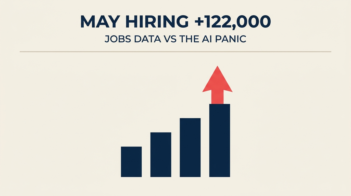 Gráfico de barras mostrando que os empregadores privados americanos criaram 122.000 vagas em maio de 2026, em contraste com a narrativa de destruição de empregos pela IA