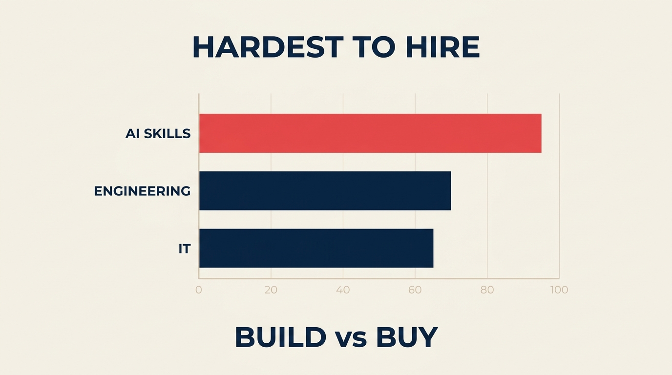 Gráfico mostrando competências em AI como as mais difíceis de contratar globalmente, com a decisão de construir versus comprar talentos para donos de negócio