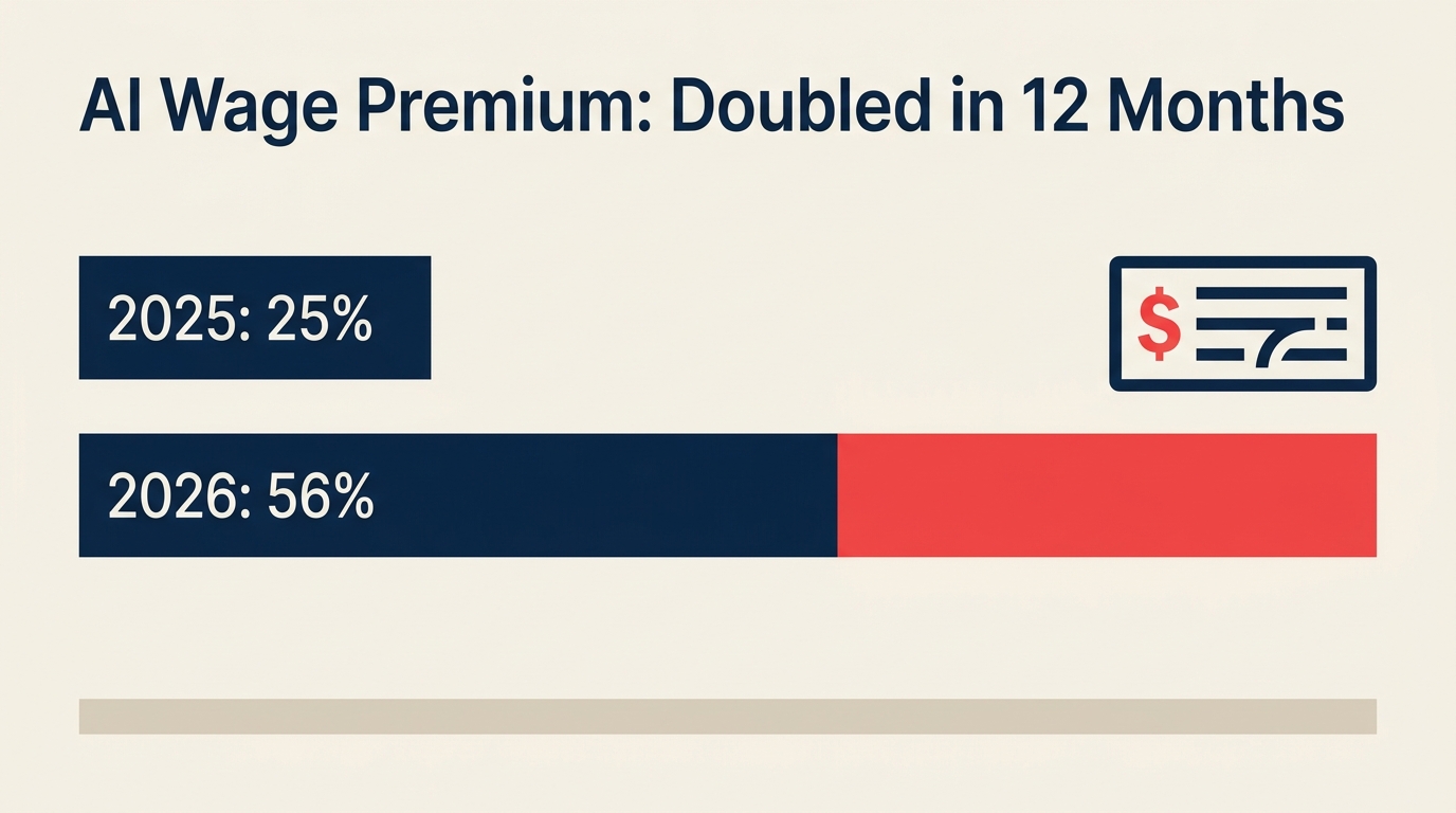 Gráfico comparativo que muestra la prima salarial por AI duplicándose del 25% al 56% en doce meses