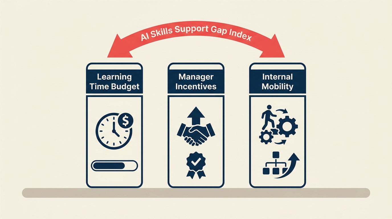 Diagrama del Índice de Brecha en el Apoyo a Competencias de IA que muestra tiempo de aprendizaje, incentivos para managers y movilidad interna