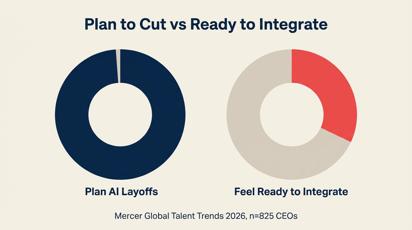 Gráfico de rosca Mercer 99% CEO demissões por AI versus 32% de prontidão para integração