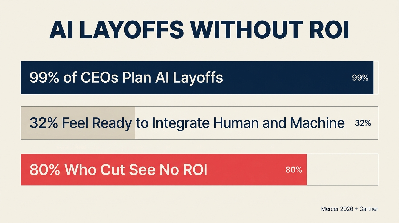 Gráfico Mercer 99% CEO demissões por AI versus Gartner 80% sem ROI mostrando a lacuna de prontidão