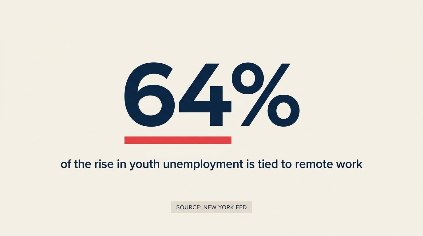 Grande número 64% com legenda indicando que o trabalho remoto, e não a IA, explica a maior parte do aumento do desemprego juvenil, com fonte no Federal Reserve Bank of New York