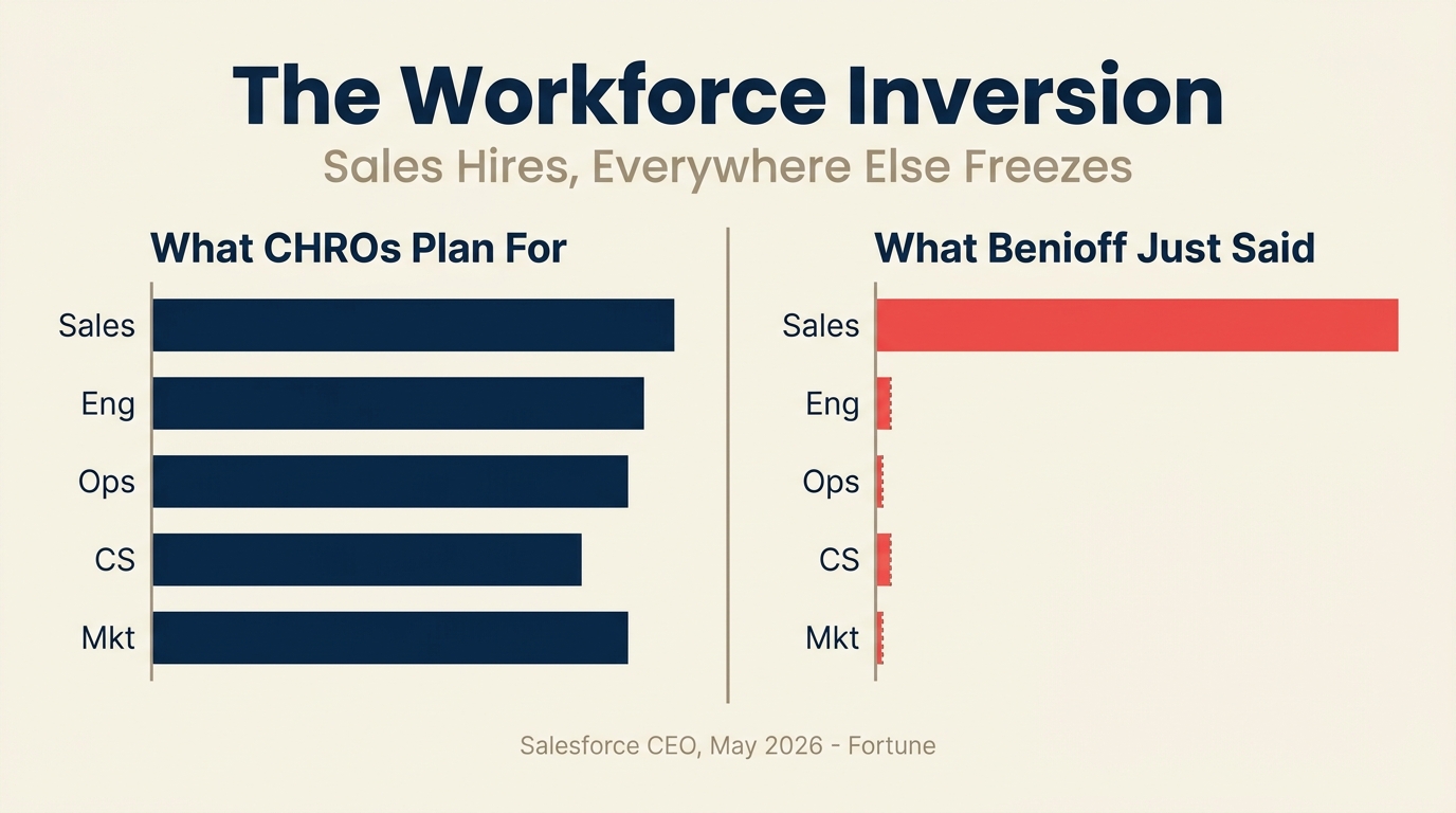Workforce inversion diagram showing Salesforce sales hiring while engineering and other functions freeze