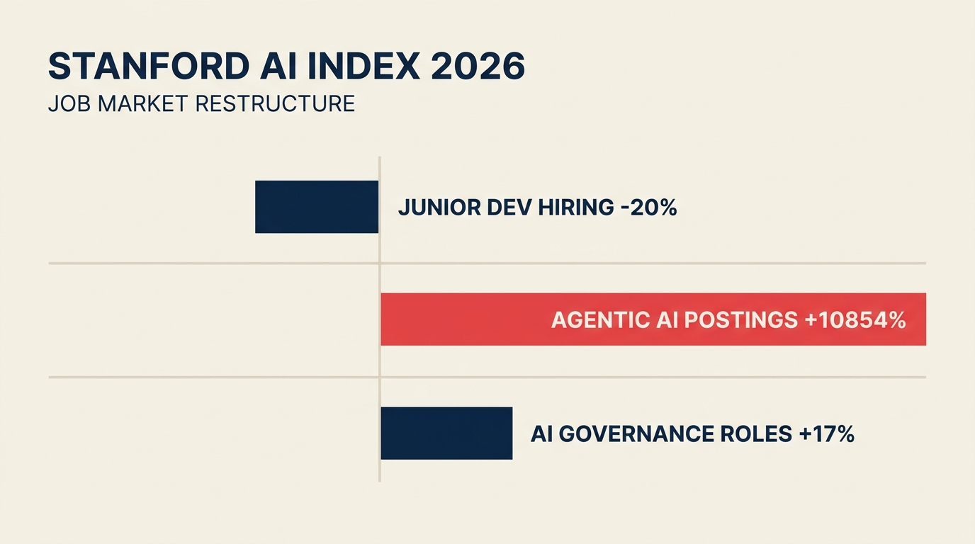 Achados do Stanford AI Index 2026 sobre a reestruturação do mercado de trabalho em IA