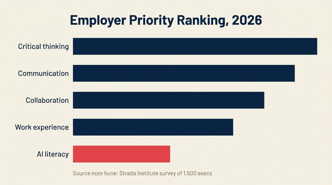 Bar chart of employer skill priorities for new grads 2026 from the Strada survey