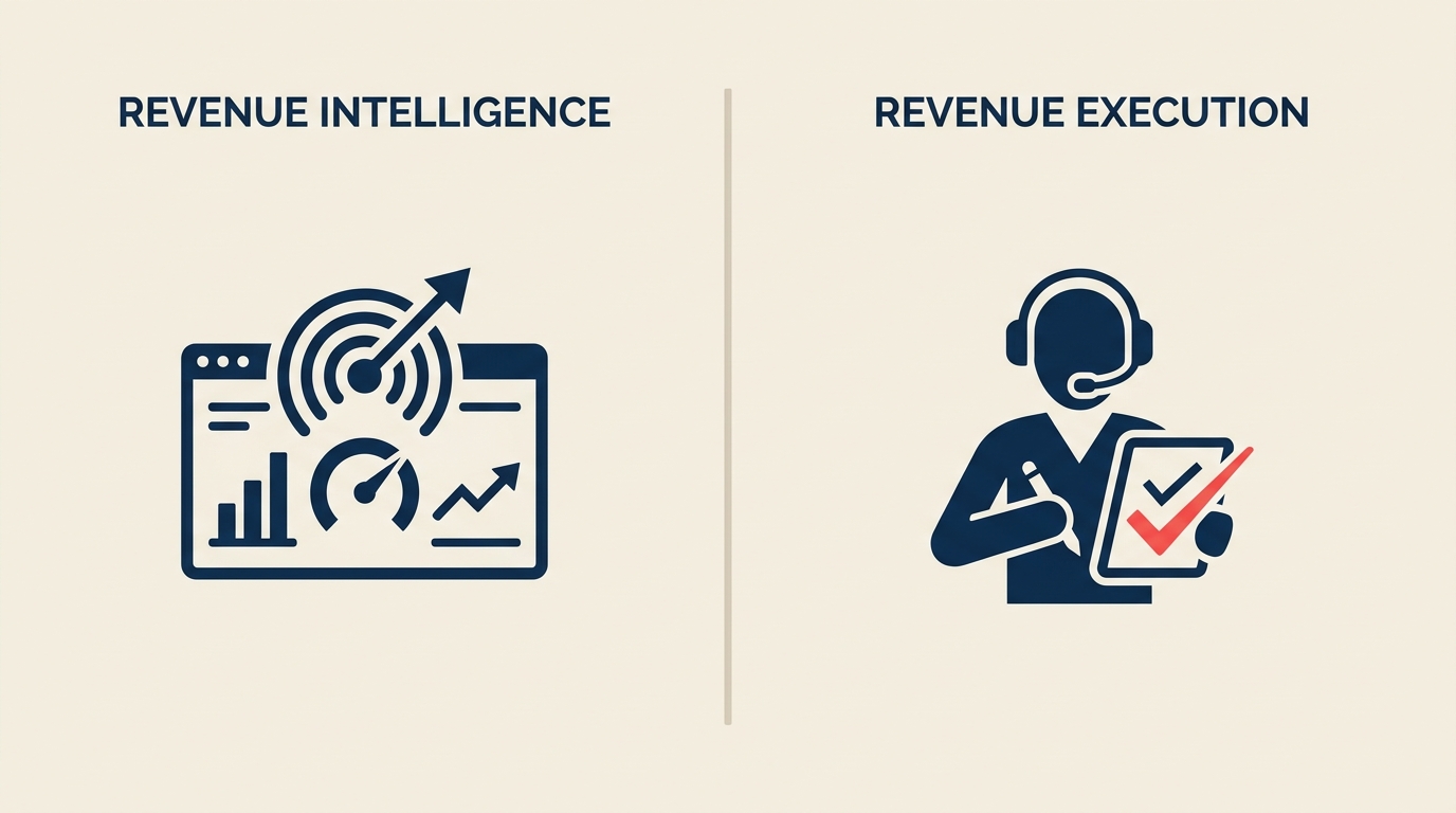 Diagram yang membandingkan revenue intelligence yang menampilkan sinyal dengan revenue execution yang menyelesaikan tindakan