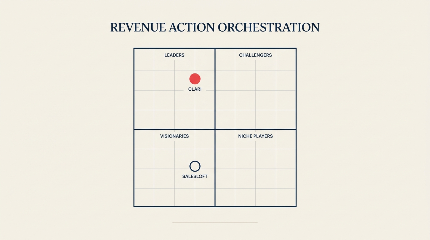 Papan pemimpin Magic Quadrant Gartner untuk Revenue Action Orchestration dengan posisi Clari dan Salesloft