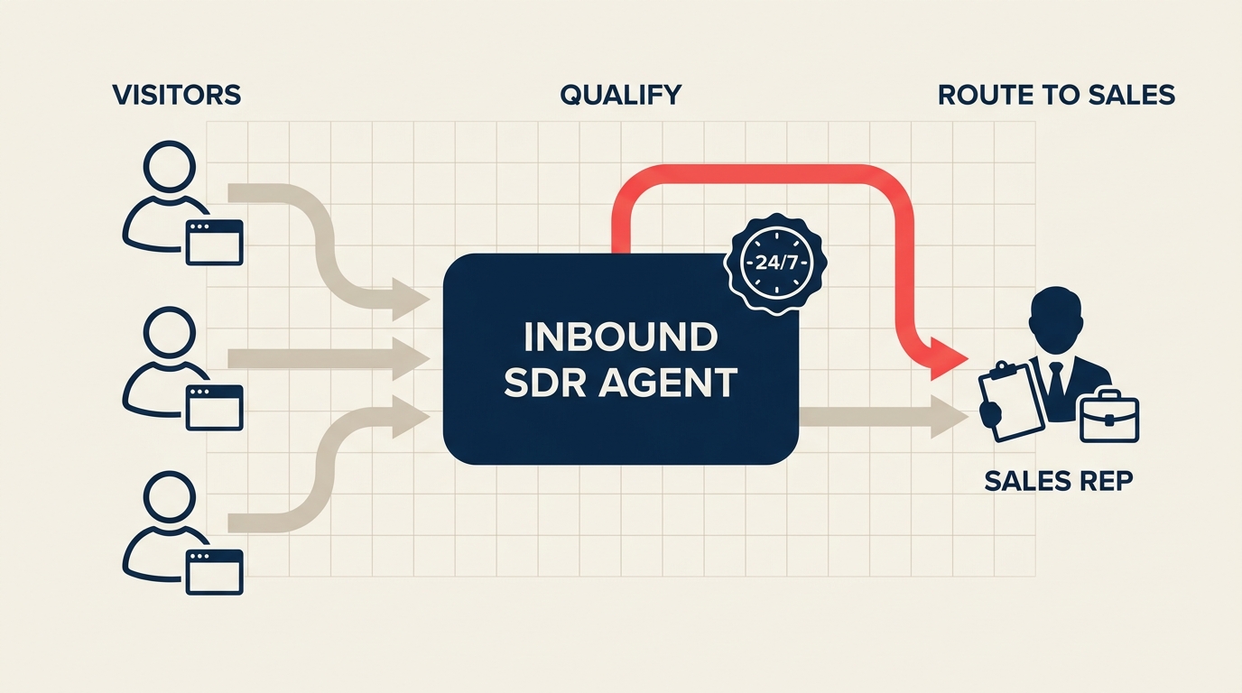Diagram of an AI inbound SDR agent qualifying website visitors 24/7 and routing warm leads to sales reps