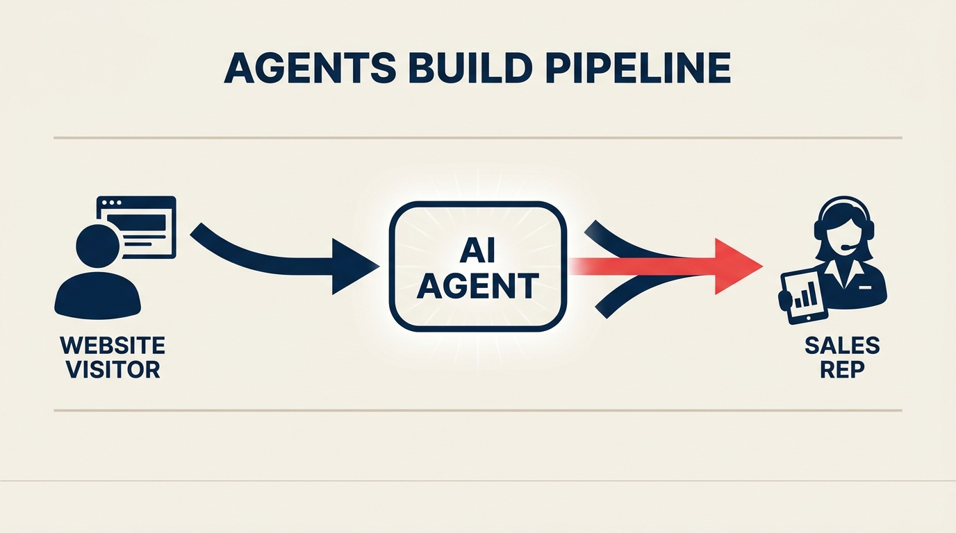 Salesforce AI marketing agents generating and qualifying sales pipeline, shown as a funnel from website visitor to routed lead