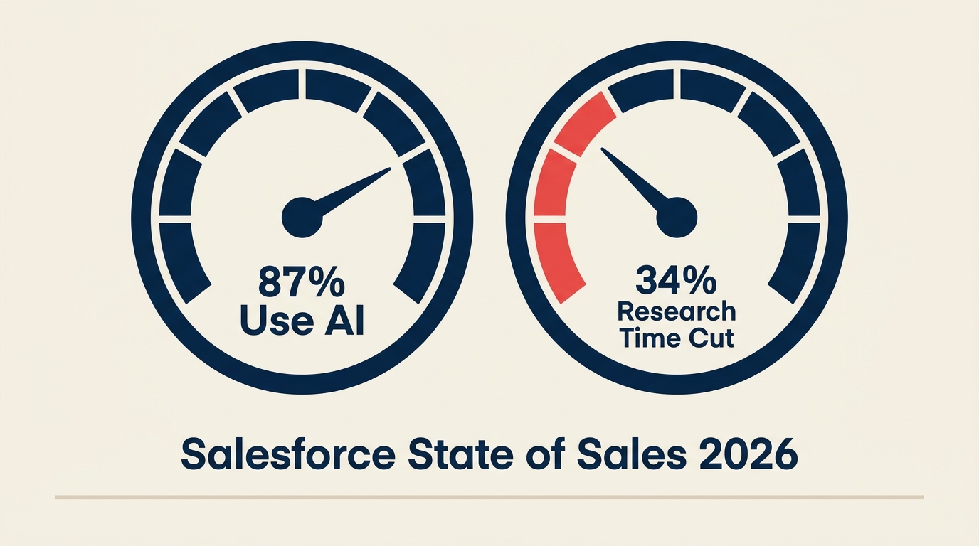 Side-by-side chart of 87 percent AI adoption versus 34 percent research-time reduction in Salesforce State of Sales 2026