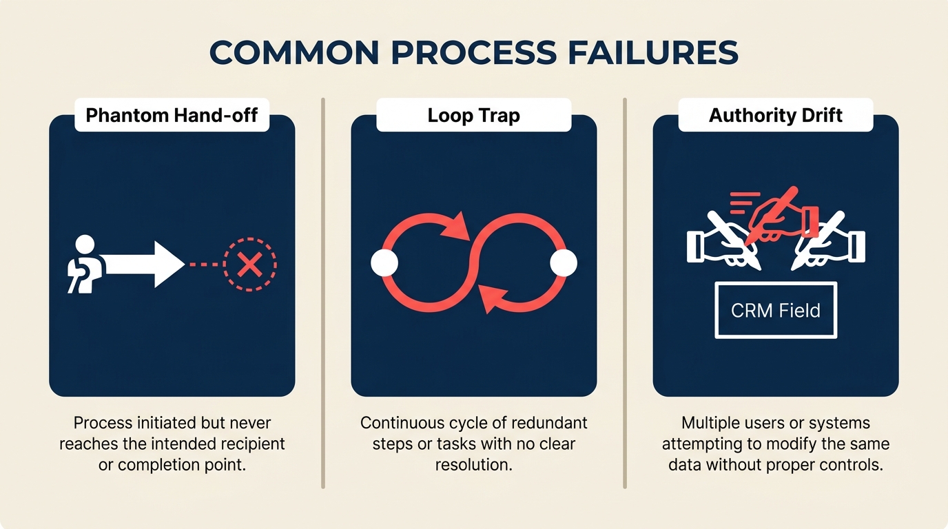 Três modos de falha multi-agente: handoff fantasma, armadilha de loop, deriva de autoridade