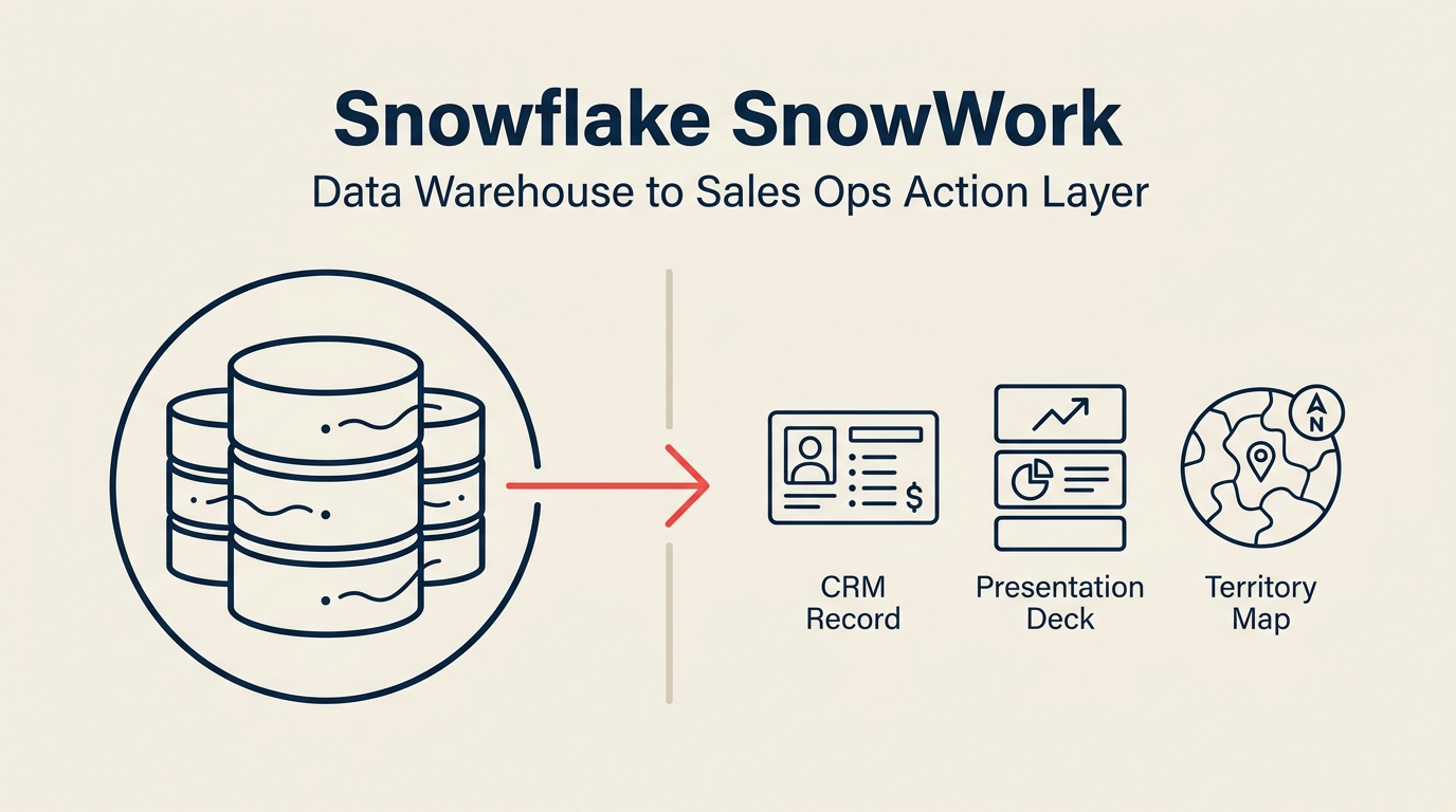 Diagram Snowflake SnowWork yang menunjukkan data warehouse menjadi lapisan aksi Sales Ops yang menggerakkan CRM, presentasi, dan tindakan wilayah