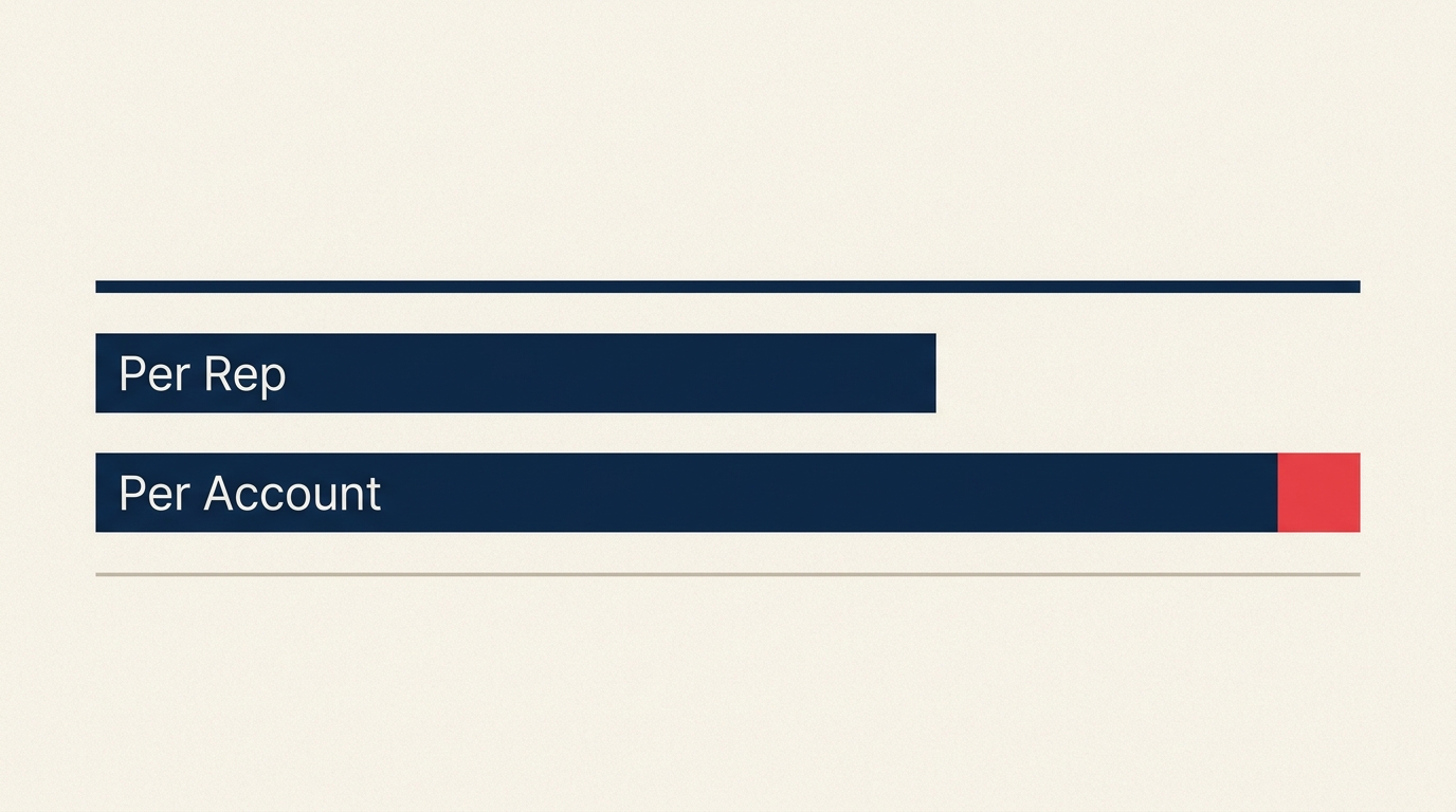 Diagrama comparando agentes de IA de vendas por rep versus agentes de receita de IA por conta em termos de custo, cobertura e requisitos de dados do CRM