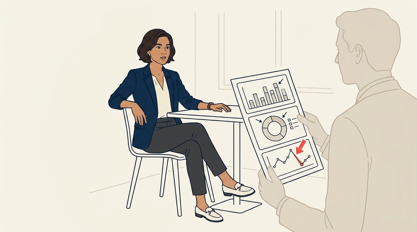 Maya dalam sesi satu-satu dengan karyawan baru Sales Ops, karyawan itu menunjukkan dashboard tercetak, ekspresi Maya campuran antara terkejut dan menyadari sesuatu