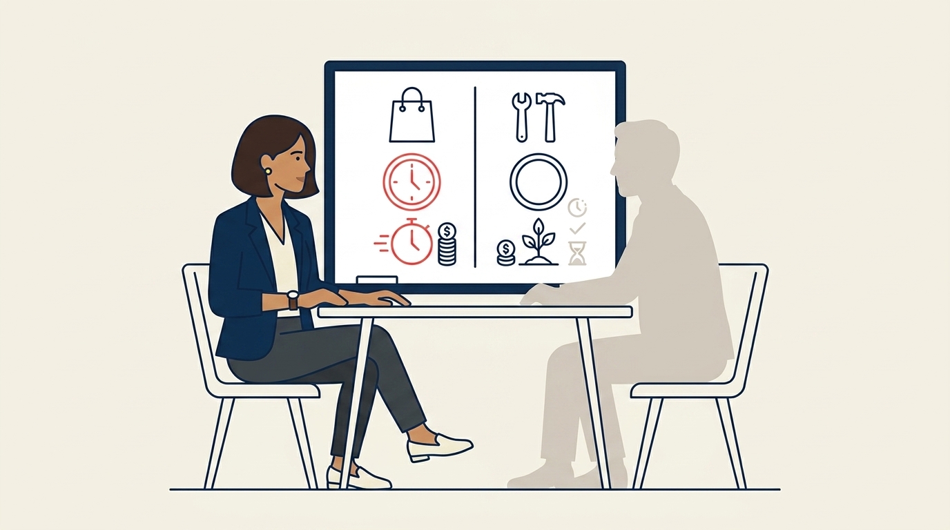 Maya in a strategic meeting with the head of corporate development, both reviewing two side-by-side options on a whiteboard, calm analytical mood