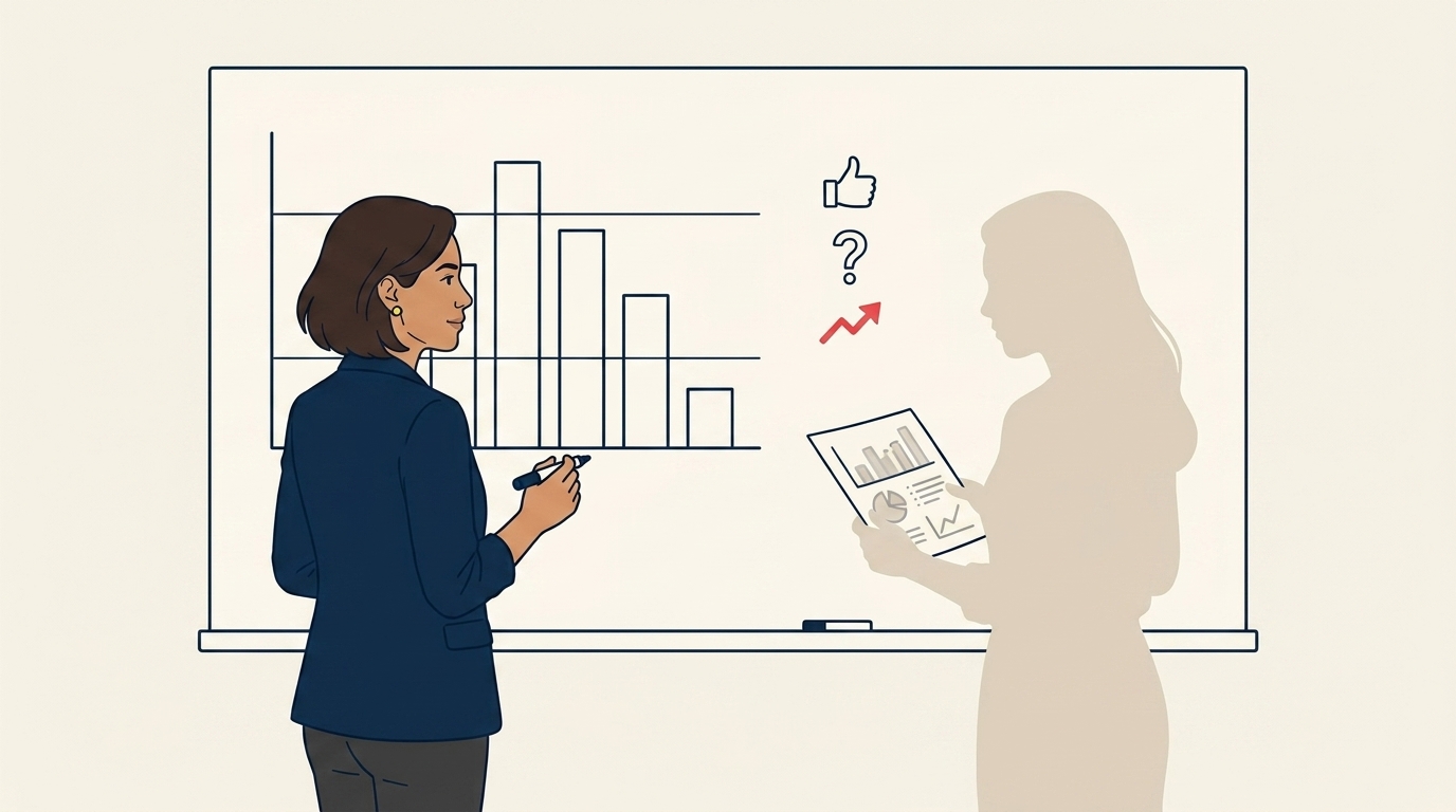 Maya and the Sales Ops hire at a whiteboard reviewing the year-end distribution, their bodies positioned to suggest a planned annual review