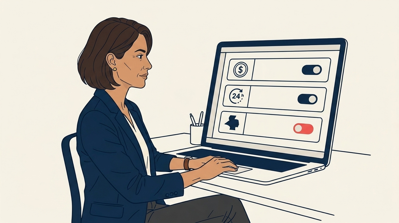 Maya at her desk configuring three audit-trigger rules on screen, each rule with a small icon (deal-size, response-time, competitor-mention), focused practical posture
