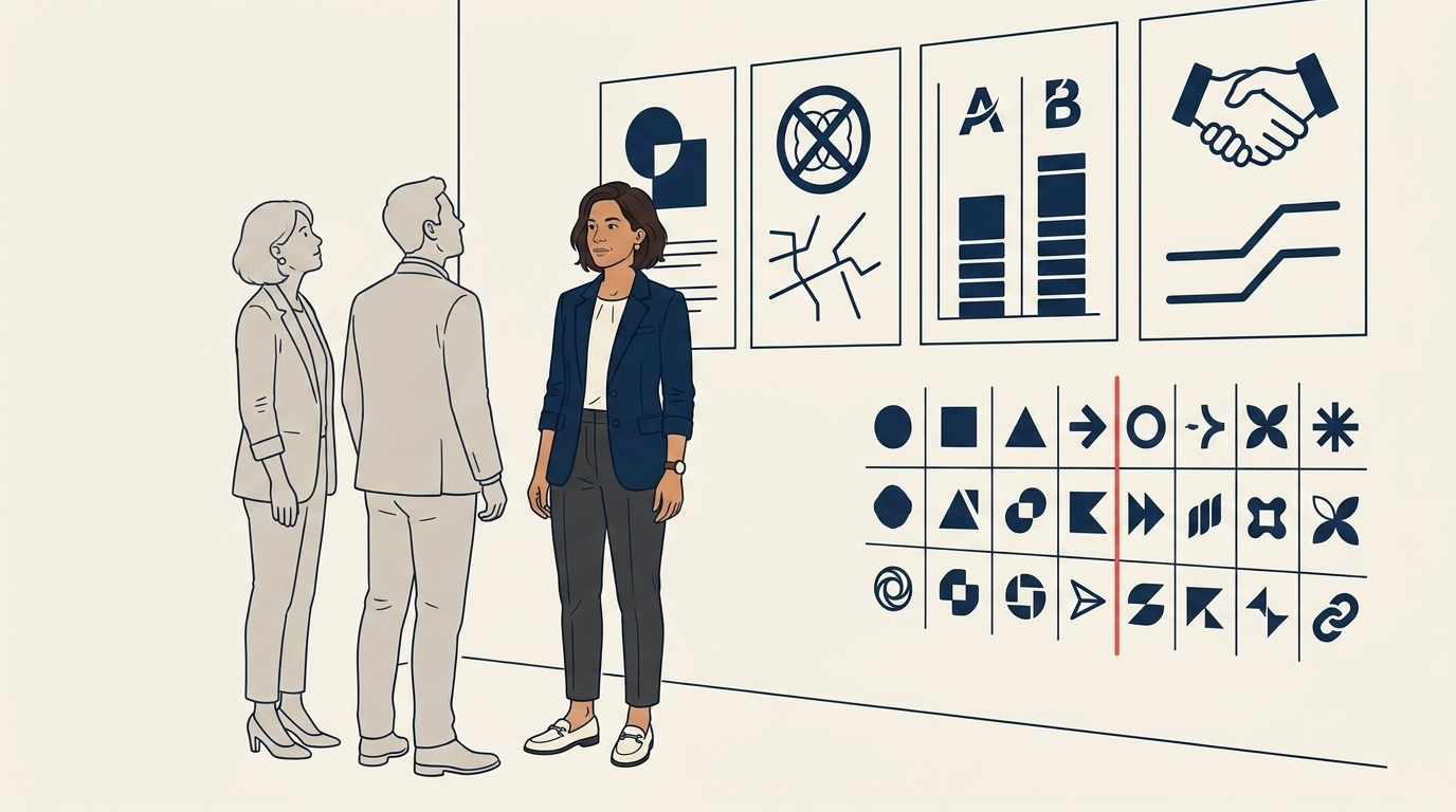 Maya in a marketing review with the CMO and a creative director, the three reviewing brand-asset guidelines printed on the wall, focused planning mood