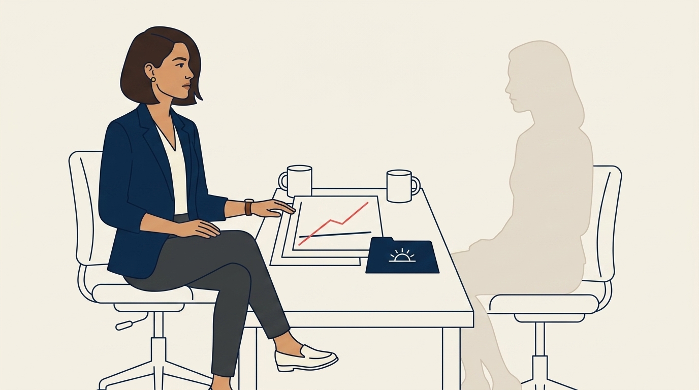 Maya in a hard conversation in her office with the brand lead of an underperforming sub-brand, both calm but the topic visibly difficult