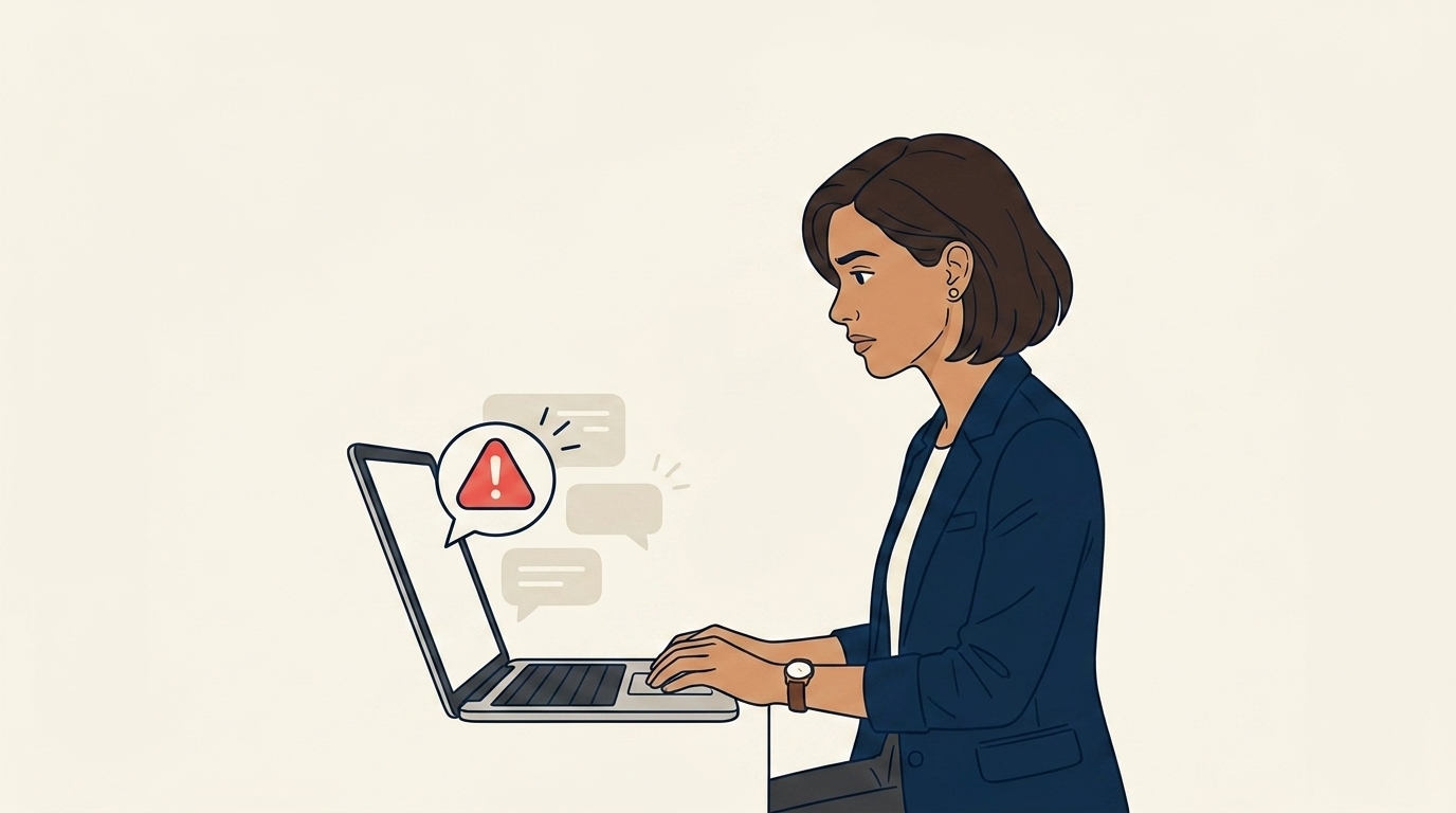 Maya looking at a software alert that shows an agent marked a lead as "contacted" with a one-word "Hi!" reply, followed 6 hours later by a proper response