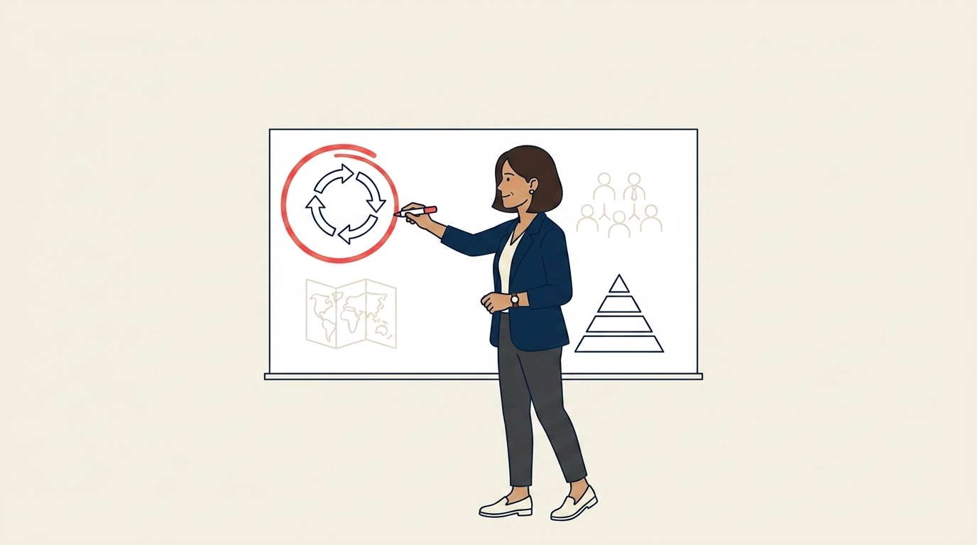 Maya at her whiteboard, circling "Weighted Round-Robin" with a coral-red marker while the other three model sketches fade into the background