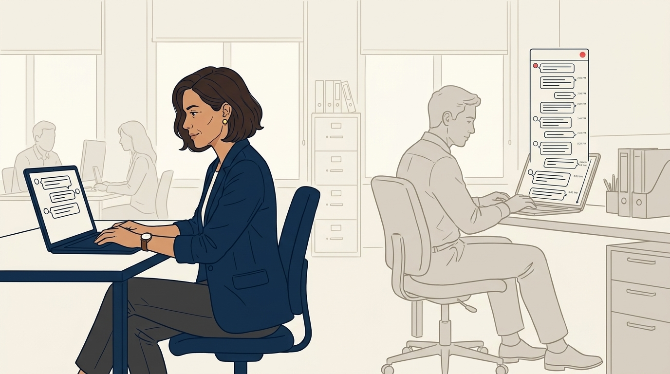 Maya at her desk on a calm Friday afternoon, a new agent at a nearby desk reading prior-agent conversation history smoothly, healthy ambient activity behind them
