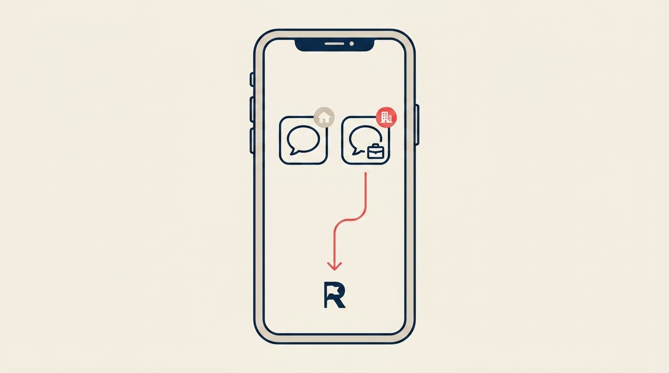 A phone screen showing two app icons side by side: personal WhatsApp tagged with a home-icon and the company WhatsApp Business tagged with a coral building-icon, a coral sync-arrow flowing from the Business app down to a Rework Prospectors mark