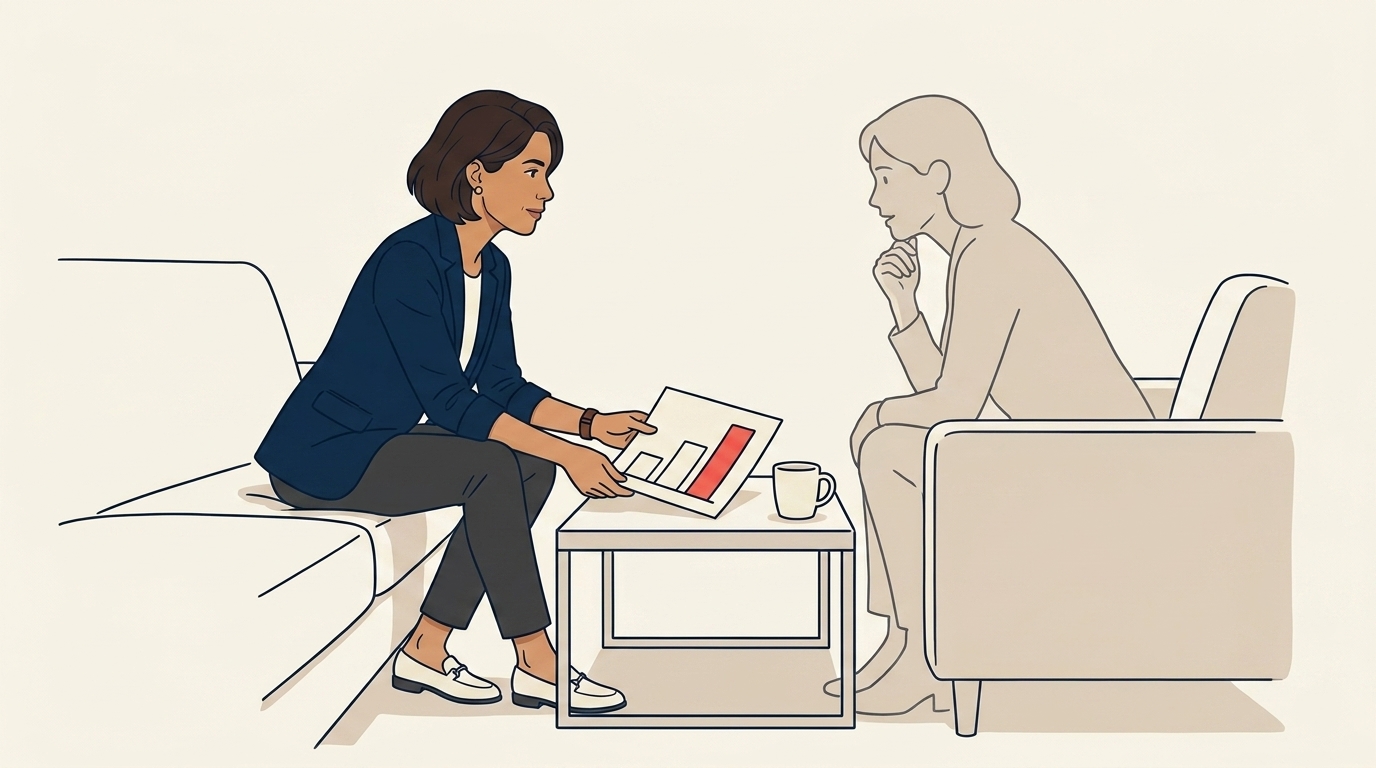Maya at her office couch in a one-on-one with an agent figure, both visibly engaged, the agent leaning forward, Maya holding a printout of the new structure