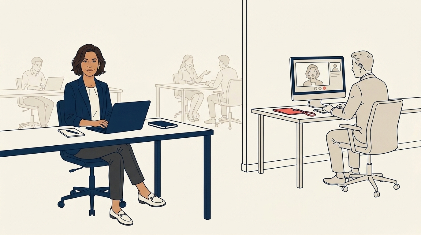 Maya at her office on a Tuesday afternoon, the corporate lead visible at a desk in the background working independently with a customer on screen, healthy ambient activity