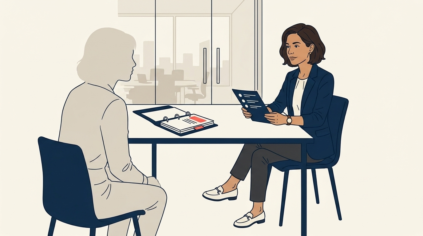 Maya in a candidate interview with a corporate-experienced figure across the table, the candidate carrying a thick portfolio binder