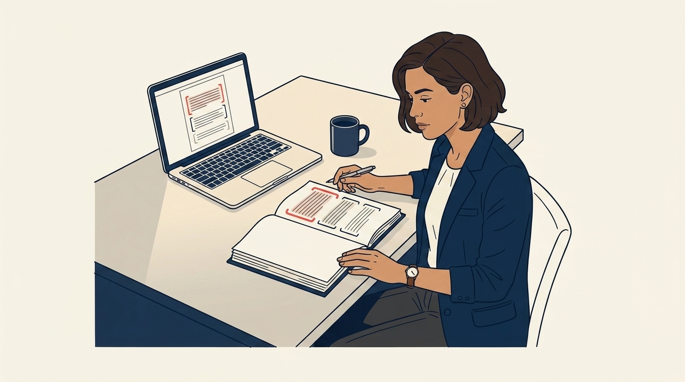 Maya at her laptop late evening reviewing a corporate master service agreement document, multiple highlighted clauses visible