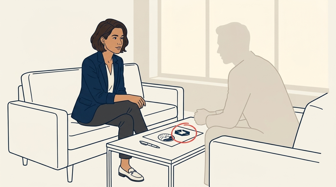 Maya at her office in a one-on-one conversation with the corporate lead, both calm but the conversation looking like a hard one, late afternoon light