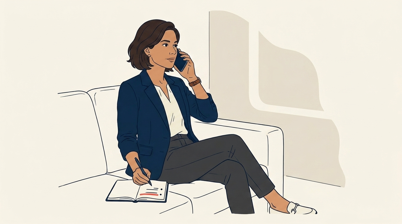 Maya at her office couch on a phone call, expression of careful listening, notebook open beside her with two short bullets