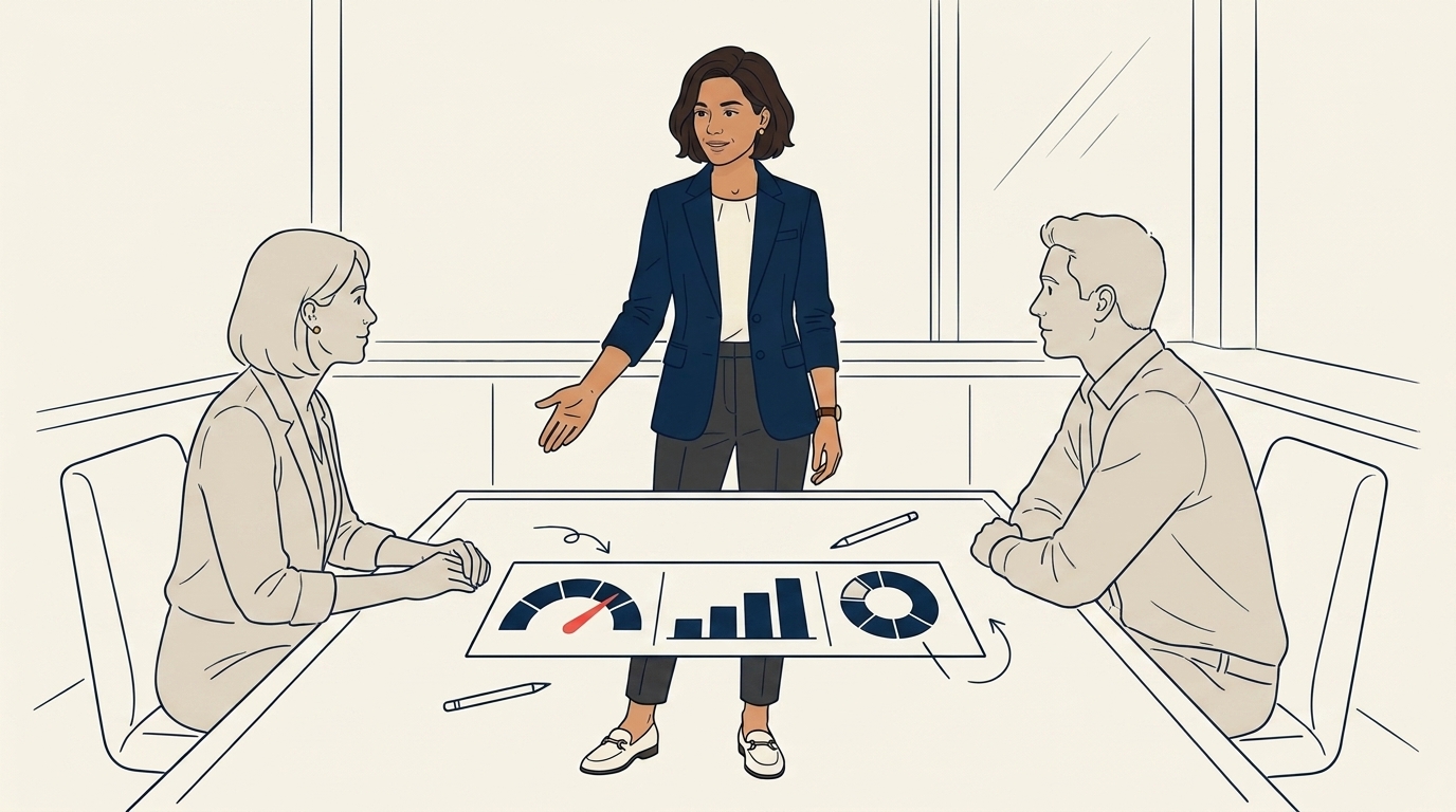 Maya at a quarterly review meeting with the corporate lead and the Sales Ops hire, a printed quarterly dashboard between them, calm planning mood