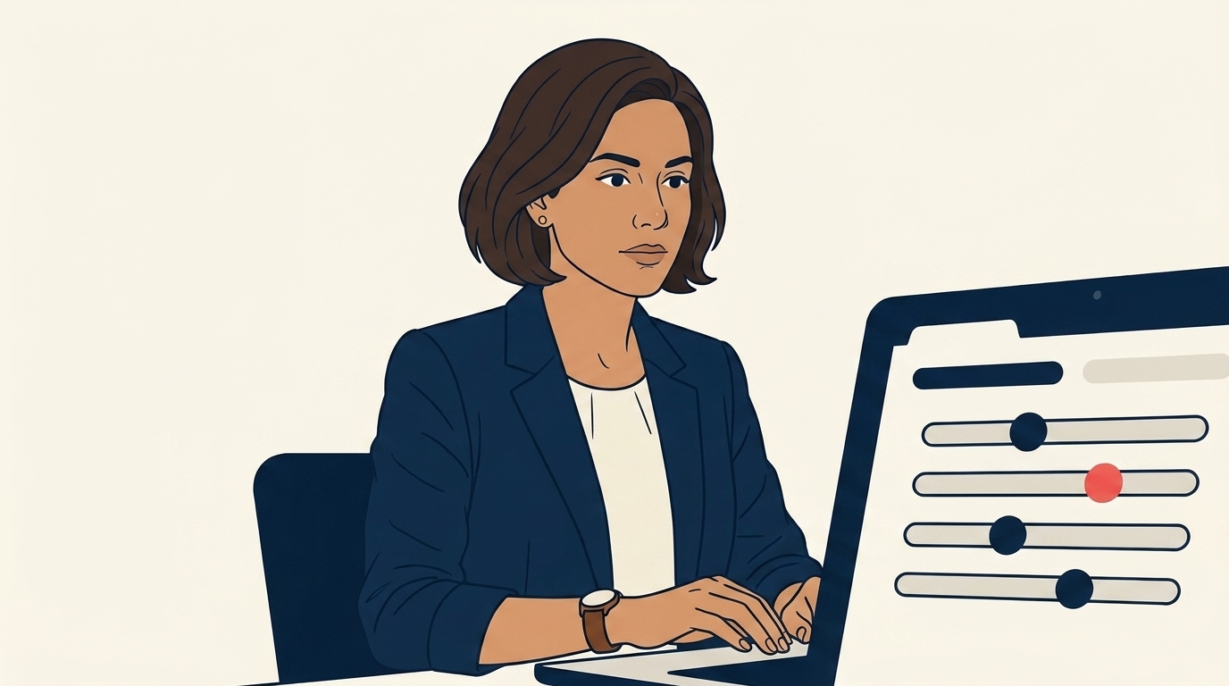 Maya at her laptop configuring a lead-routing automation in her lead management software, with a settings panel showing agent weights: 2, 1, 1, 1, 1