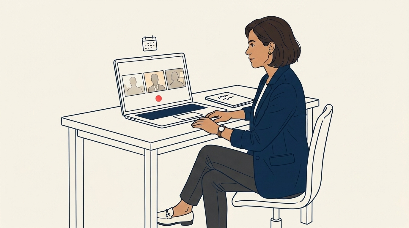 Maya dalam panggilan video dengan tiga kotak video kecil terlihat (satu per kantor negara), masing-masing dengan pencahayaan ambient berbeda, rapat lintas budaya yang tenang
