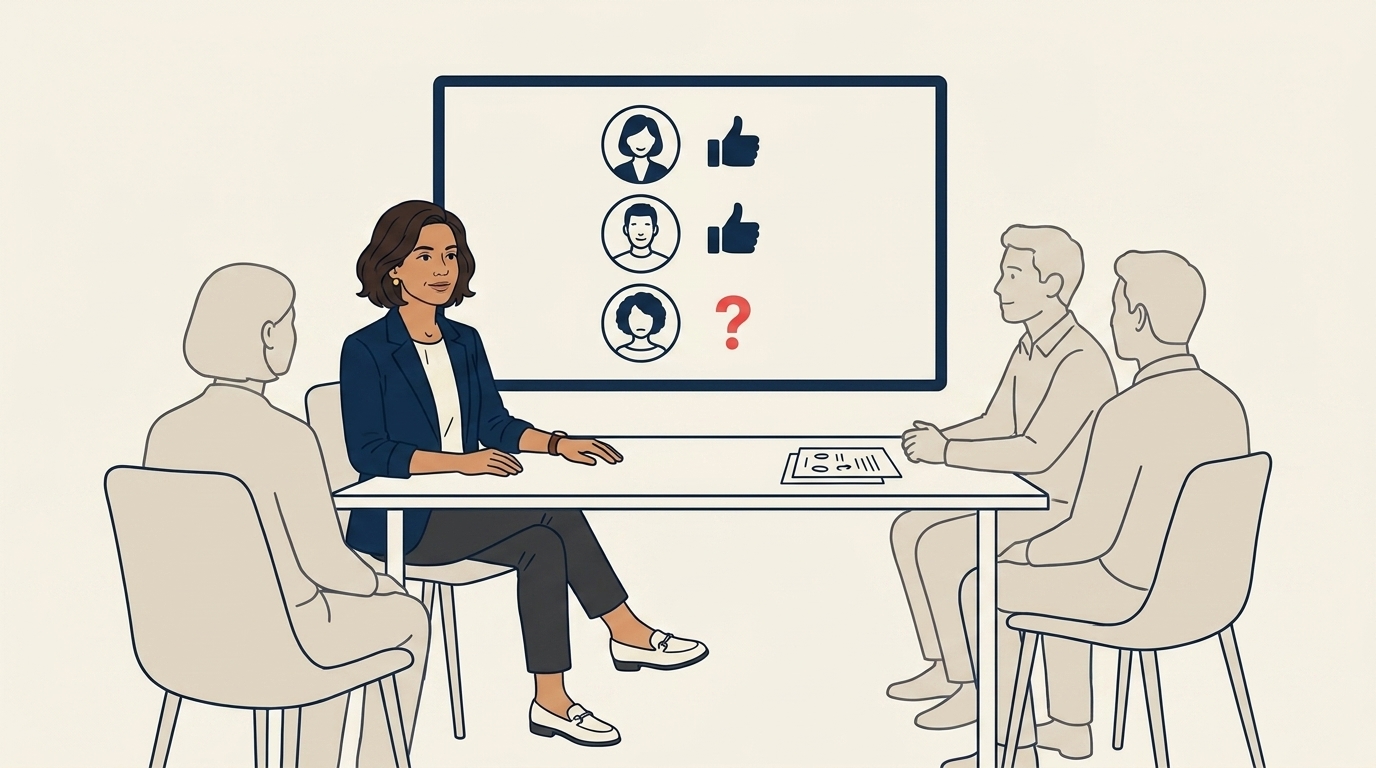 Maya with three colleagues at a meeting room reviewing customer survey results on screen, focused investigative mood