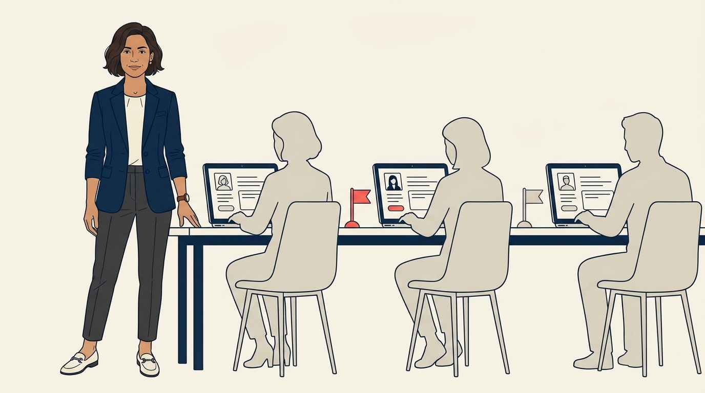 Maya dalam mesyuarat semakan pemulihan pelanggan bersama tiga pakar, masing-masing menyemak senarai pengembara terjejas di komputer riba, suasana tenang dan fokus