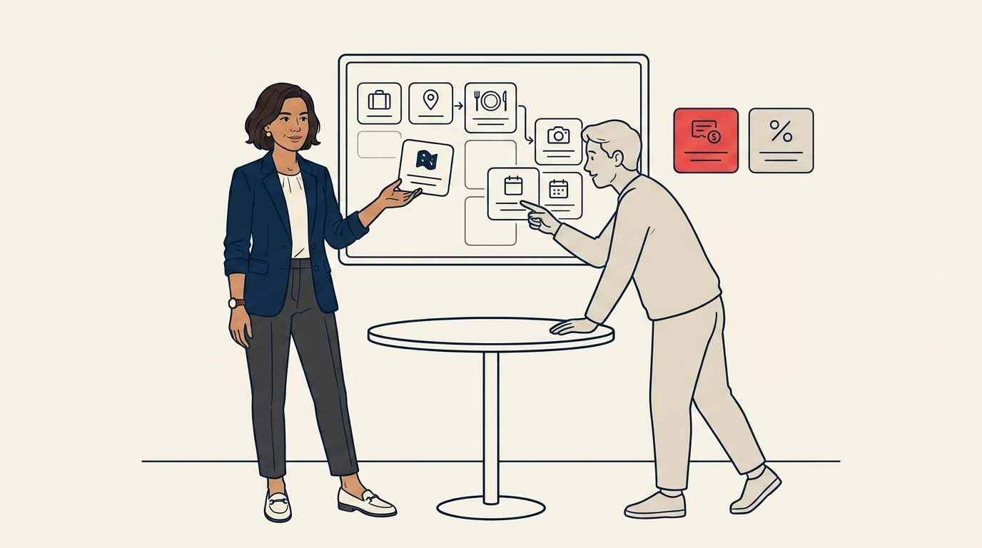 Maya en una sala de reuniones con un solo cliente, una pantalla mostrando un constructor de itinerarios con tarjetas de componentes movibles