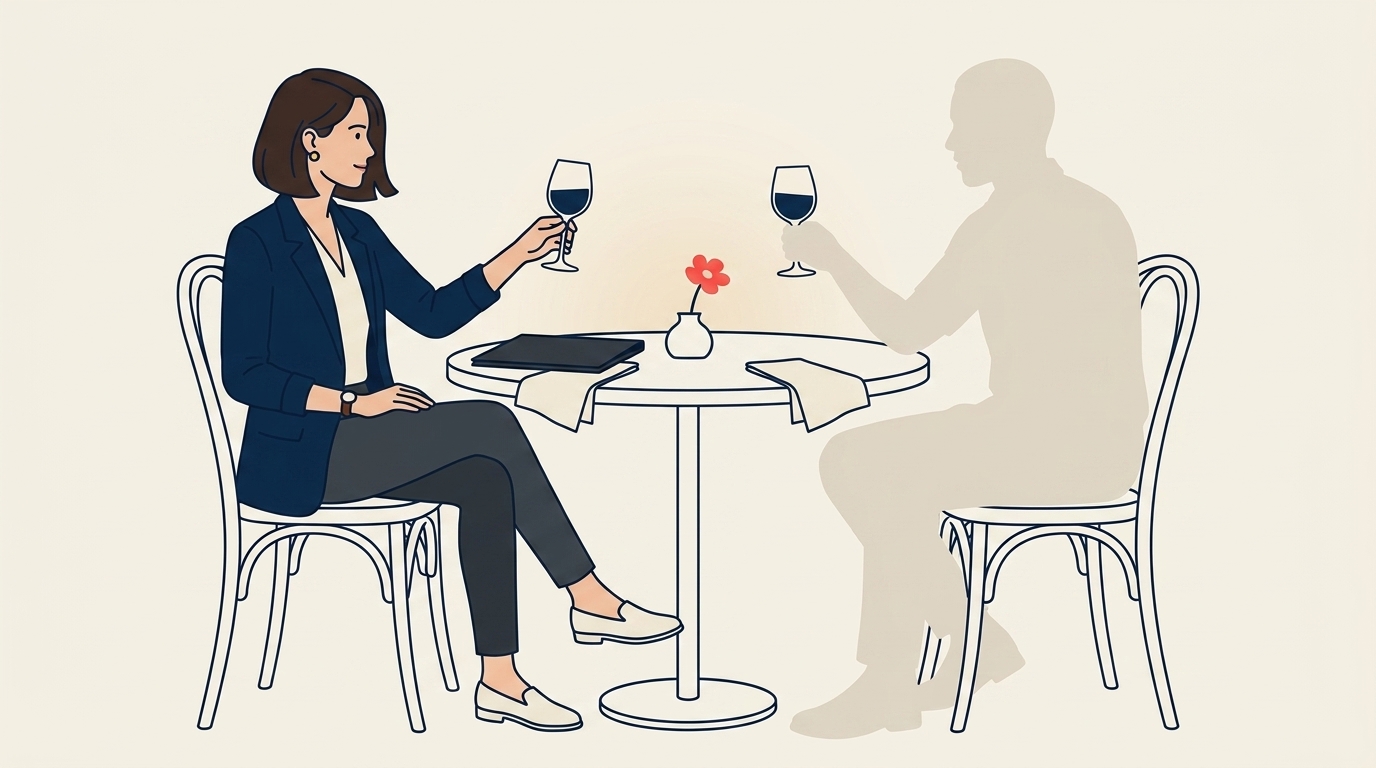 Maya and the safari operator's founder seated across a small table at a closing dinner, two glasses raised in a quiet toast, no formality, end-of-deal calm atmosphere
