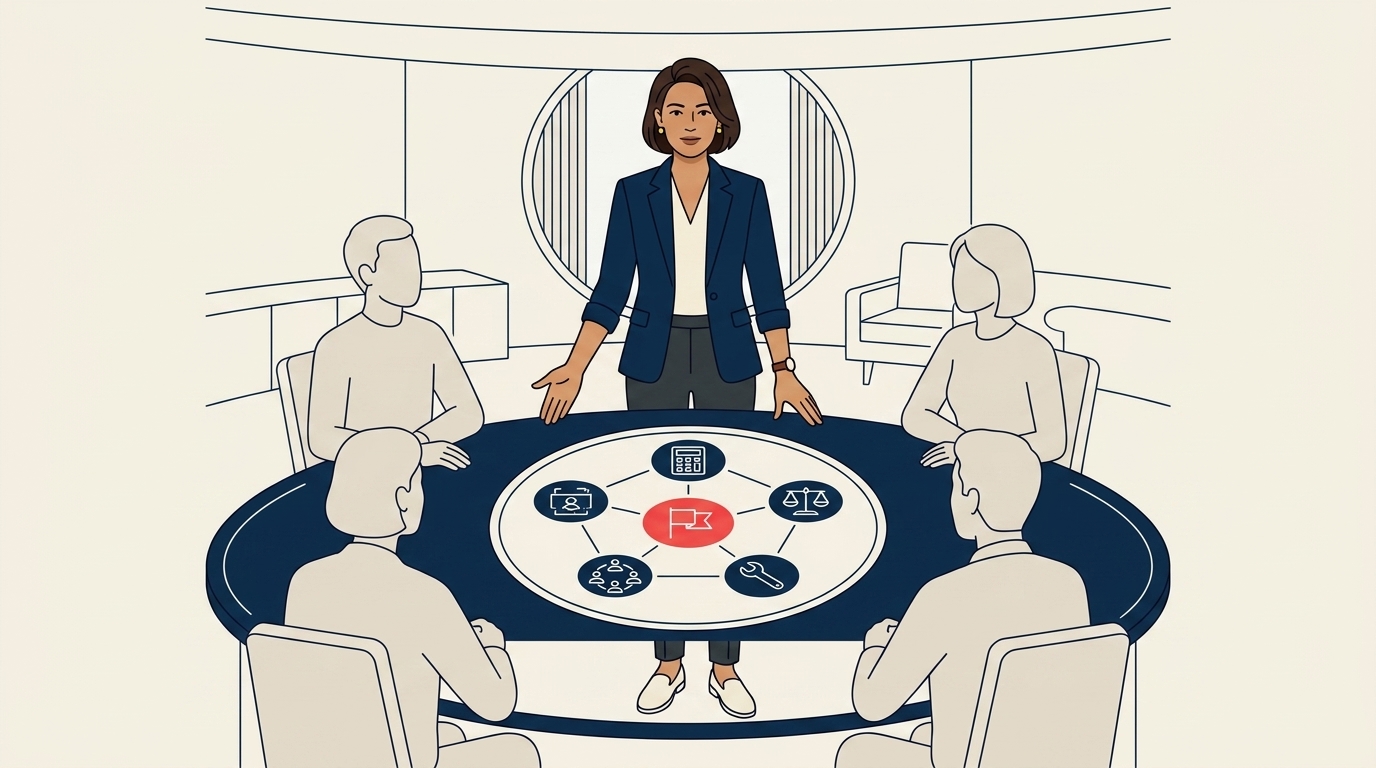 Maya at a meeting with five named roles seated around a table, corporate development lead, finance, legal, operations, and HR, all reviewing a deal-team agenda