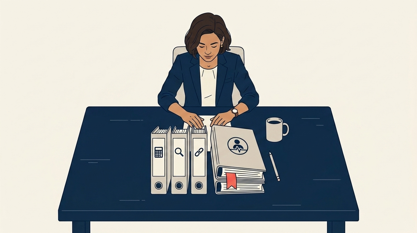 Maya at a meeting room reviewing diligence binders organized by category, financial, customer, operational, cultural, with the cultural binder visibly the thickest