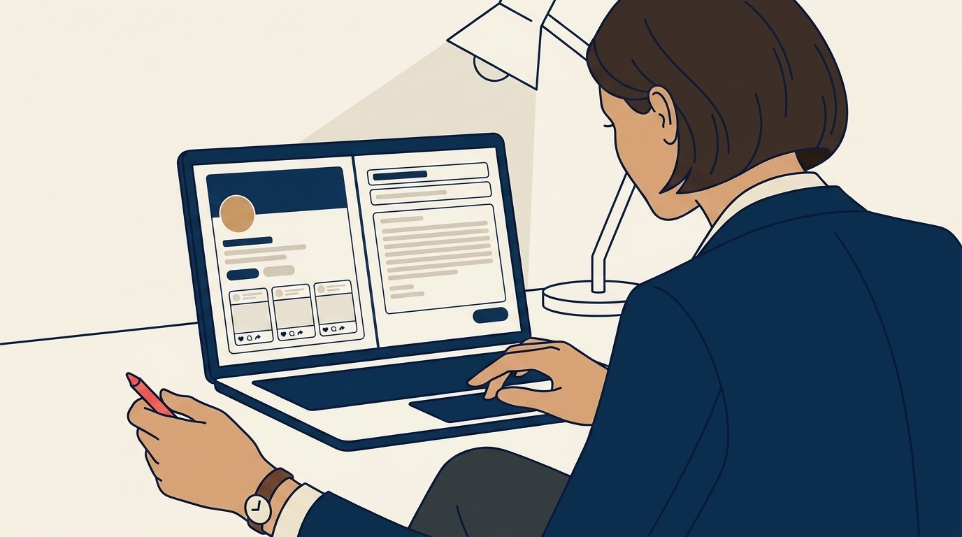 Maya at her laptop composing a personalized LinkedIn message, an HR leader's profile visible, the message draft specific and research-based