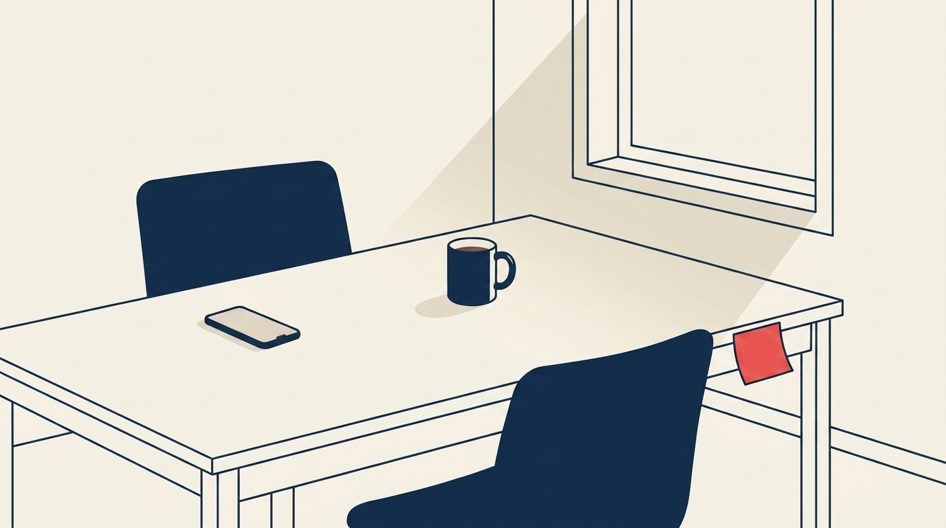 A neatly cleared desk with chair tucked in, a single half-finished coffee mug on the surface, soft late-afternoon light, the empty space where a top producer recently sat