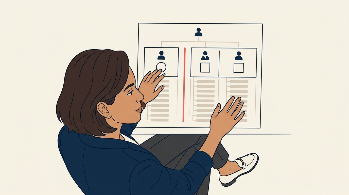 Maya at her office looking at a printed org chart that shows the floor splitting into two sub-teams of 25 agents each, considered planning expression