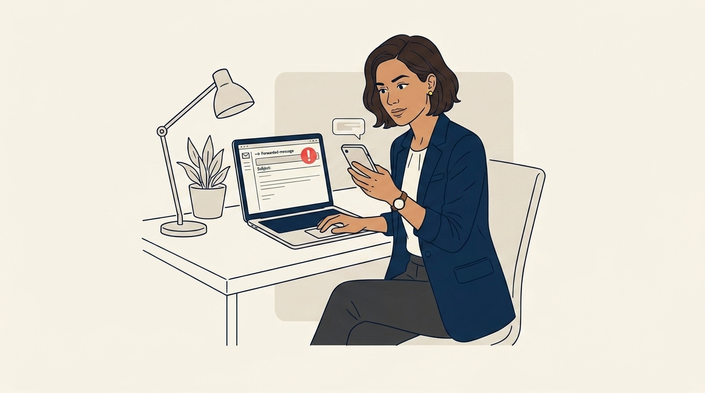 Maya at a desk holding her phone, a forwarded email visible on her laptop screen with the subject line "corporate retreat inquiry", expression of cautious interest